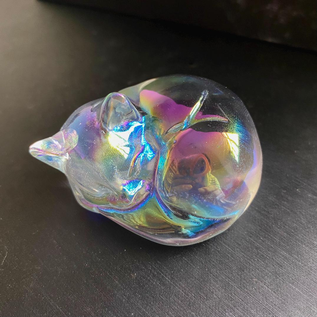 Rainbow Aura Cat Sculpture, Hand Carved Iridescent Sleeping Kitten, Unique Desk Pet, Sympathy Gift for Cat Loss, Crystal Home Office Decor