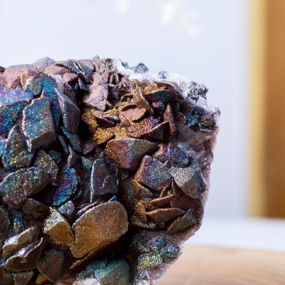 Calcite Covered in Multi Colored Pyrite/Chalcopyrite Specimen, Mineral Specimen, Rainbow Pyrite Specimen, Spirituality Mineral Collection
