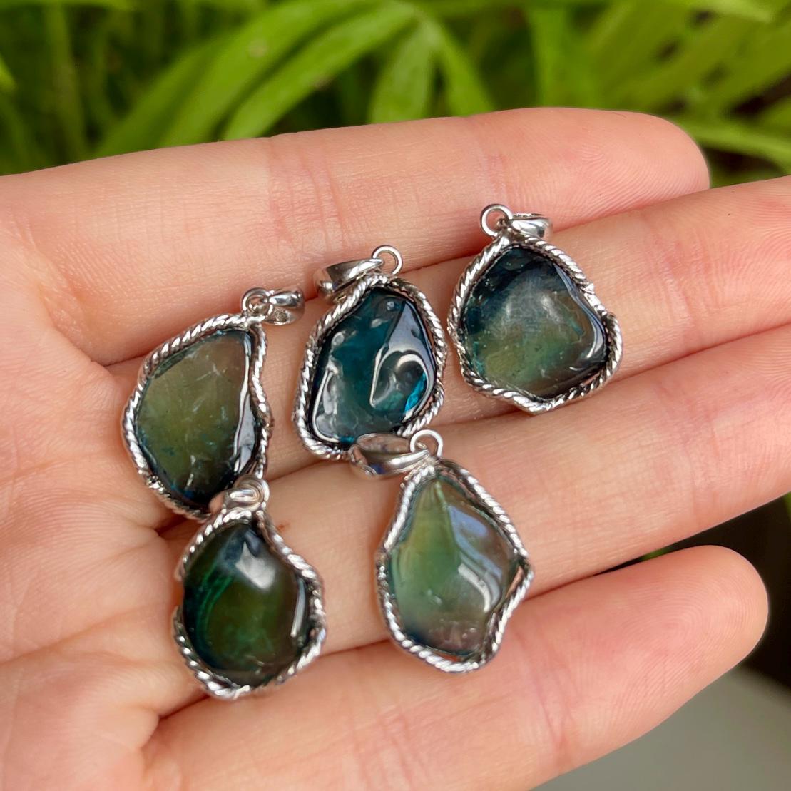 Natural Blue and Green Tourmaline Pendant, S925 Sterling Silver Gemstone Pendant Gift, Crystal Necklace, Handmade Jewelry for Birthday Gift