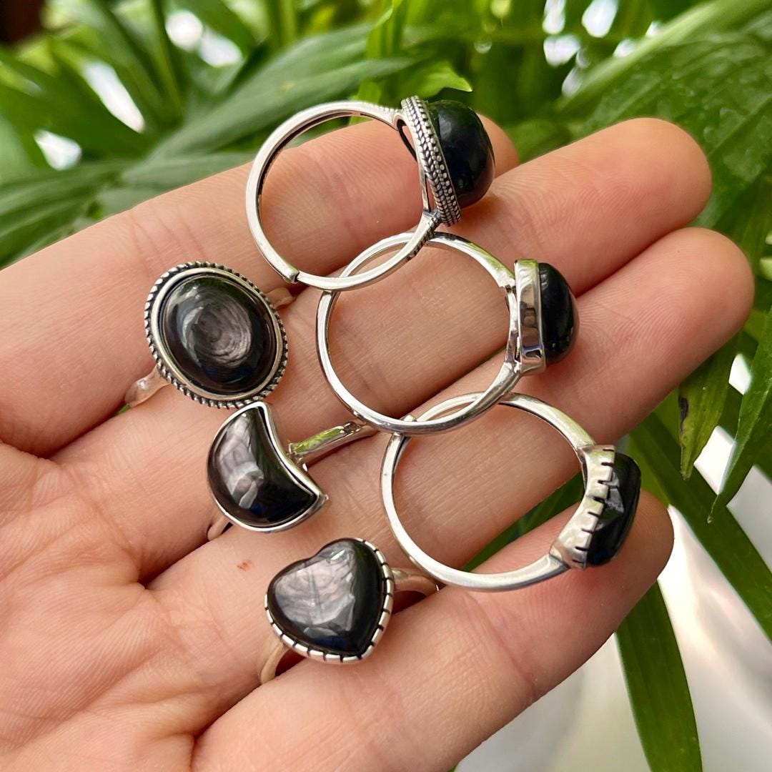 Hypersthene Gemstone Ring, 925 Sterling Silver, Adjustable Band