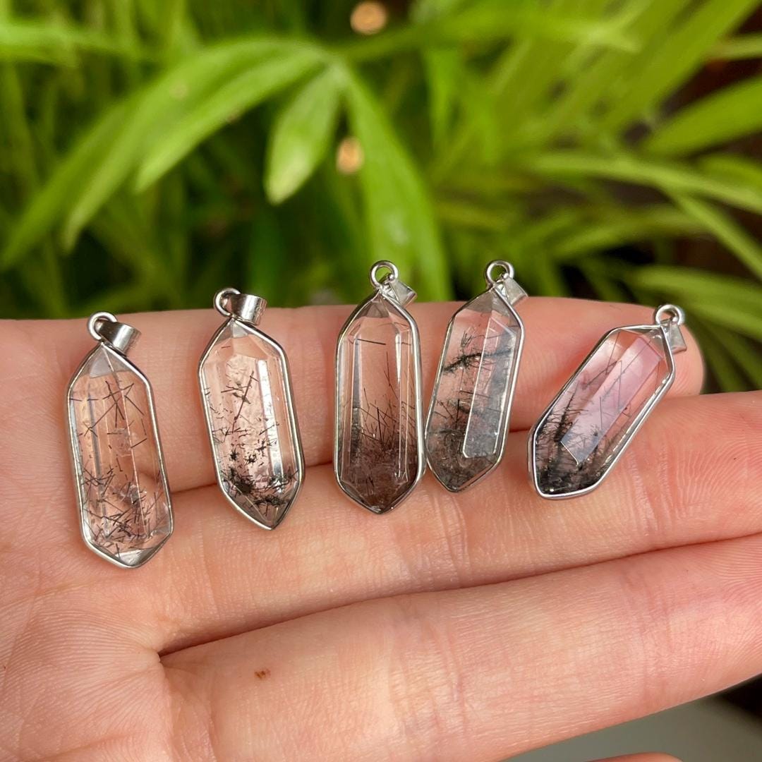 Natural Black Rutilated Quartz Pendant, S925 Sterling Silver Crystal Pendant Gift, Crystal Necklace, Handmade Jewelry for Birthday Gift