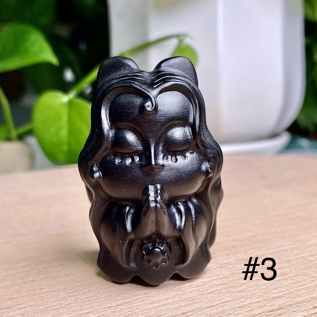 Natural Black Obsidian Fox Lady Carving, Crystal Cute Fox Skull, Crystal Fox, Crystal Nine-Tailed Fox, Birthday Gift, Fengshui Home Decor