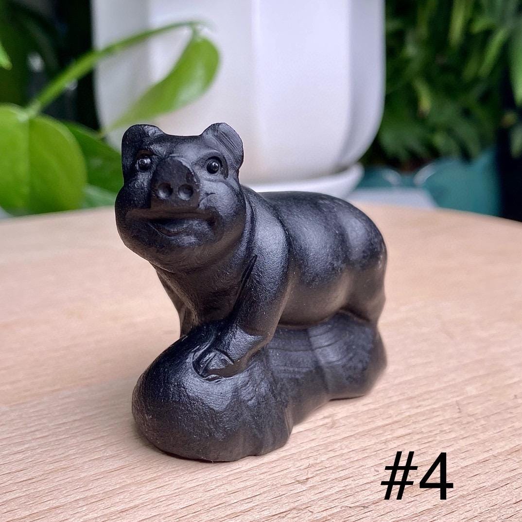 Natural Black Obsidian Pig Carving, Crystal Smile Pig, Crystal Fortune Pig, Animal Sculpture, Birthday Gift, Fengshui Home Decor