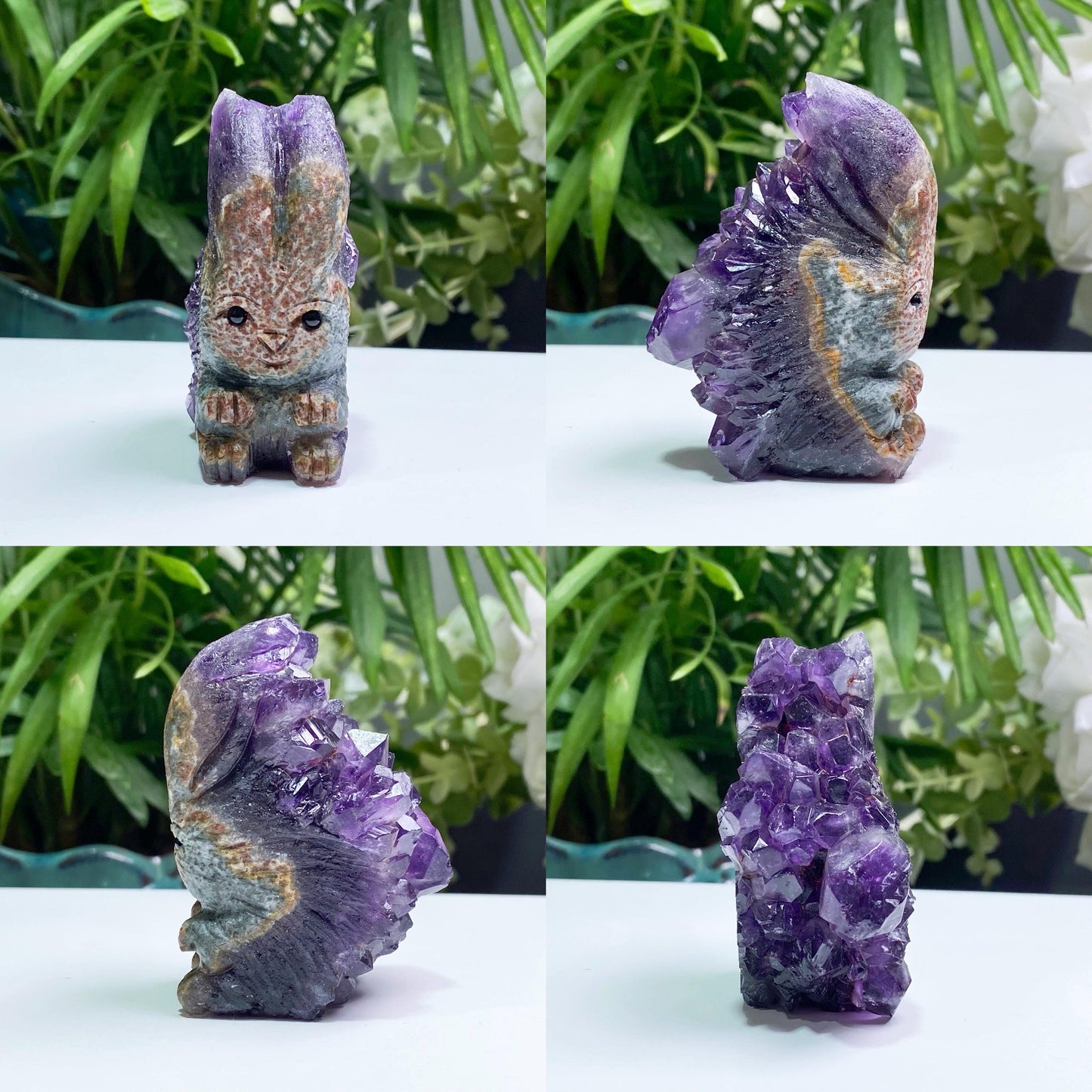 Raw Amethyst Hedgehog Carving, Amethyst Rabbit Statue, Hand Carved Crystal Animal Figurine, Druzy Quartz Pet, Unique Desk Decor Gift