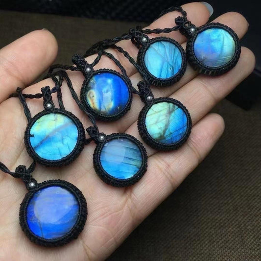 1 Pcs Natural Rainbow Labradorite Round Pendant, Hand Tied Waxed Cord Choker, Boho Gemstone Jewelry, Gift for Her, Adjustable Necklace