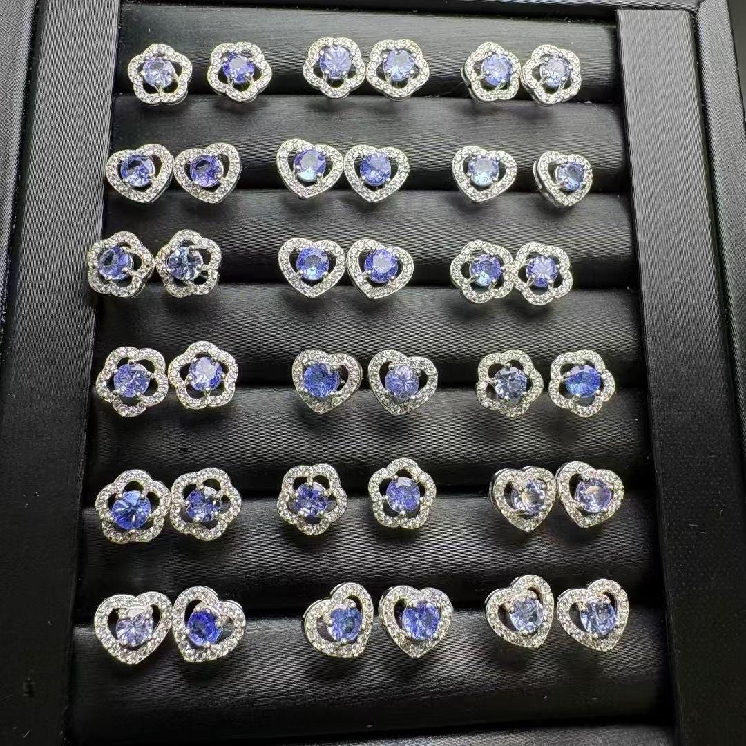 Handmade Tanzanite Stud Earrings, Sterling Silver Flower Design