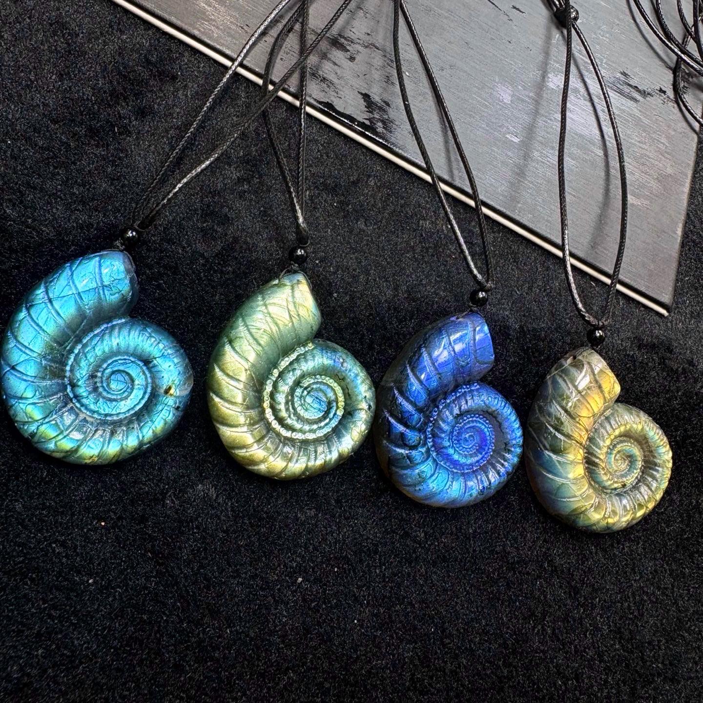 Hand-Carved Labradorite Seashell Pendant, Waxed Cord Choker