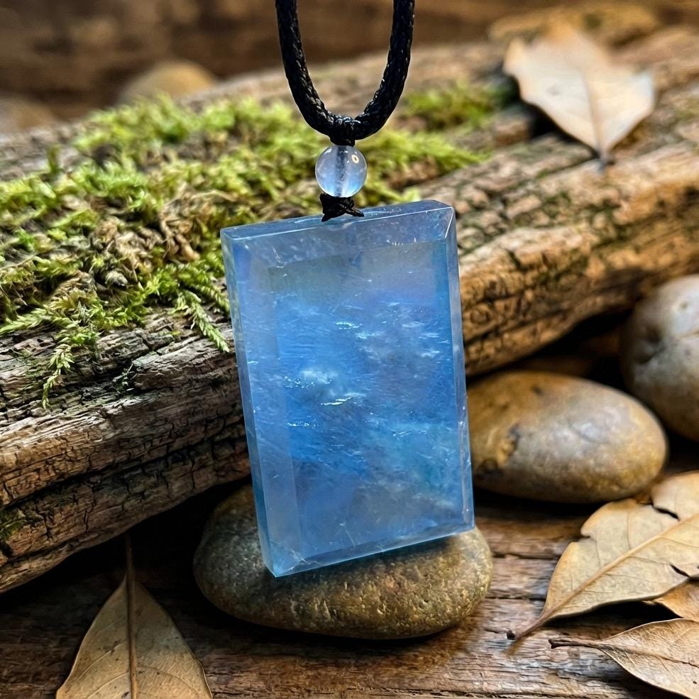 1Pcs Natrual Icy Clear Aquamarine Square Pendant Necklace, Adjustable Leather Cord, Throat Chakra Stone, Soothing Communication Crystal