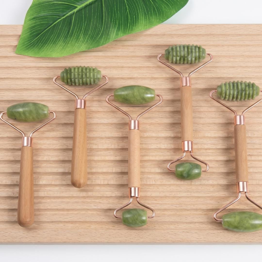 Luxury Jade Facial Roller, Natural Stone Massager with Wooden Base, Premium Skincare Vanity Display Stand, Wellness Self Care Gift for Her