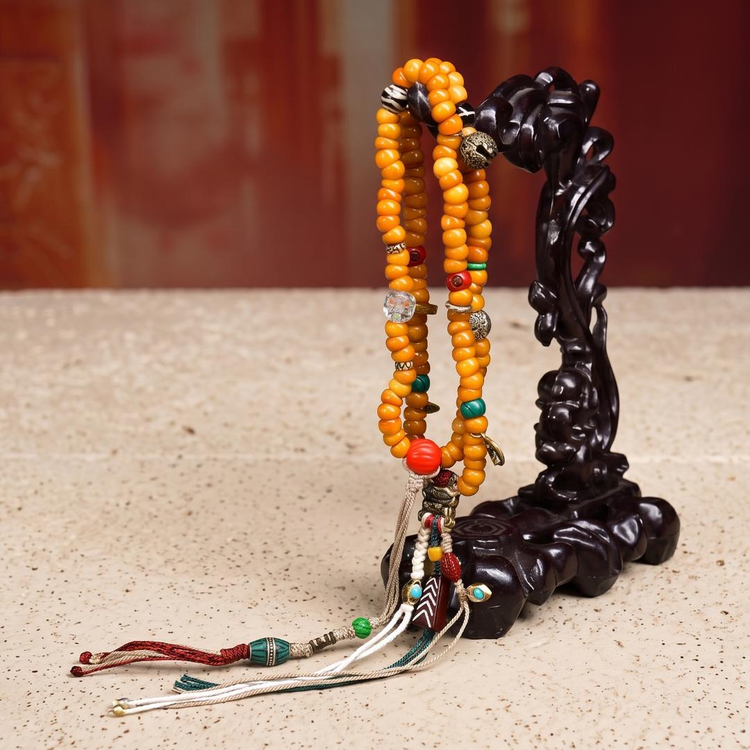 108 Mala Beads Necklace, Dzi Bead, Ethnic Charm, Boho Wrap Bracelet, Meditation Jewelry