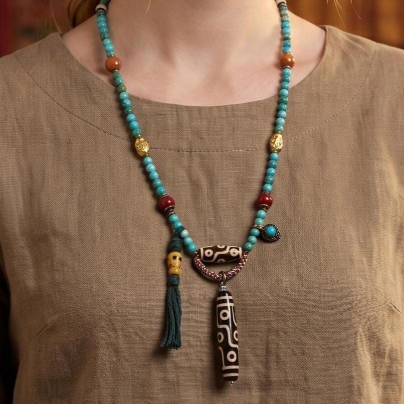 9 Eye Dzi Bead Necklace, Vintage Agate Amulet with Turquoise, Bronze Elephant Pendant, Natural Stone Mala Charm Jewelry