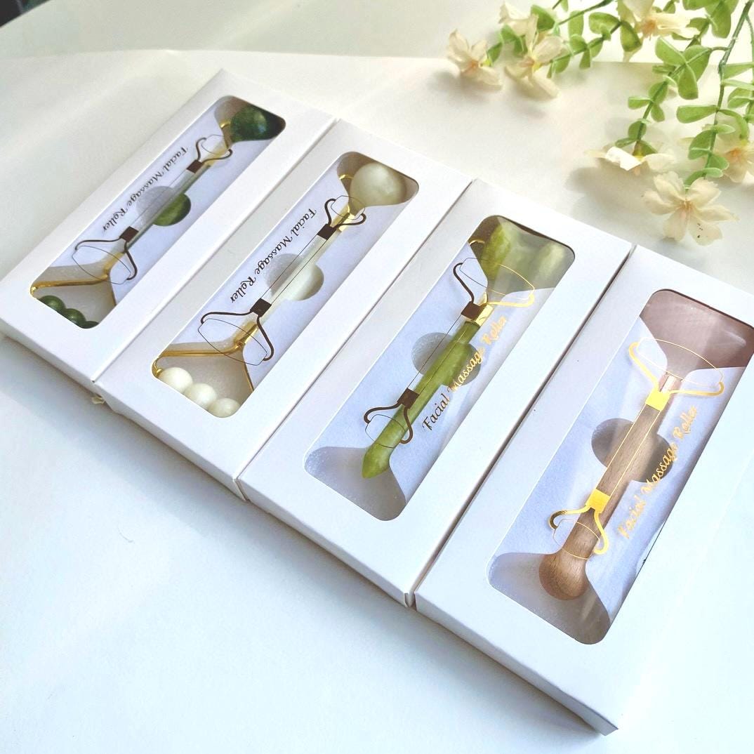 Natural Jade Face Roller, Crystal Facial Massage Tool with Wooden Handle, Skincare Self Care Massager, Gift for Her