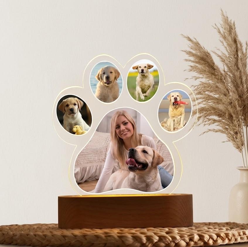 Custom Dog Photo Night Light, Pet Memorial Gift, Personalized Paw Print Lamp, 5 Photo Light Up Plaque, Loss of Dog Cat Sympathy Gift