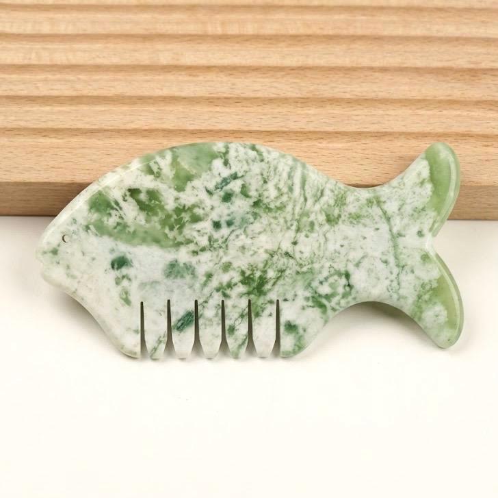 Custom Engraved Fish Jade Gua Sha Comb, Natural Multi Color Stone Scalp Hair Massager, Self Care Spa Gift for Women