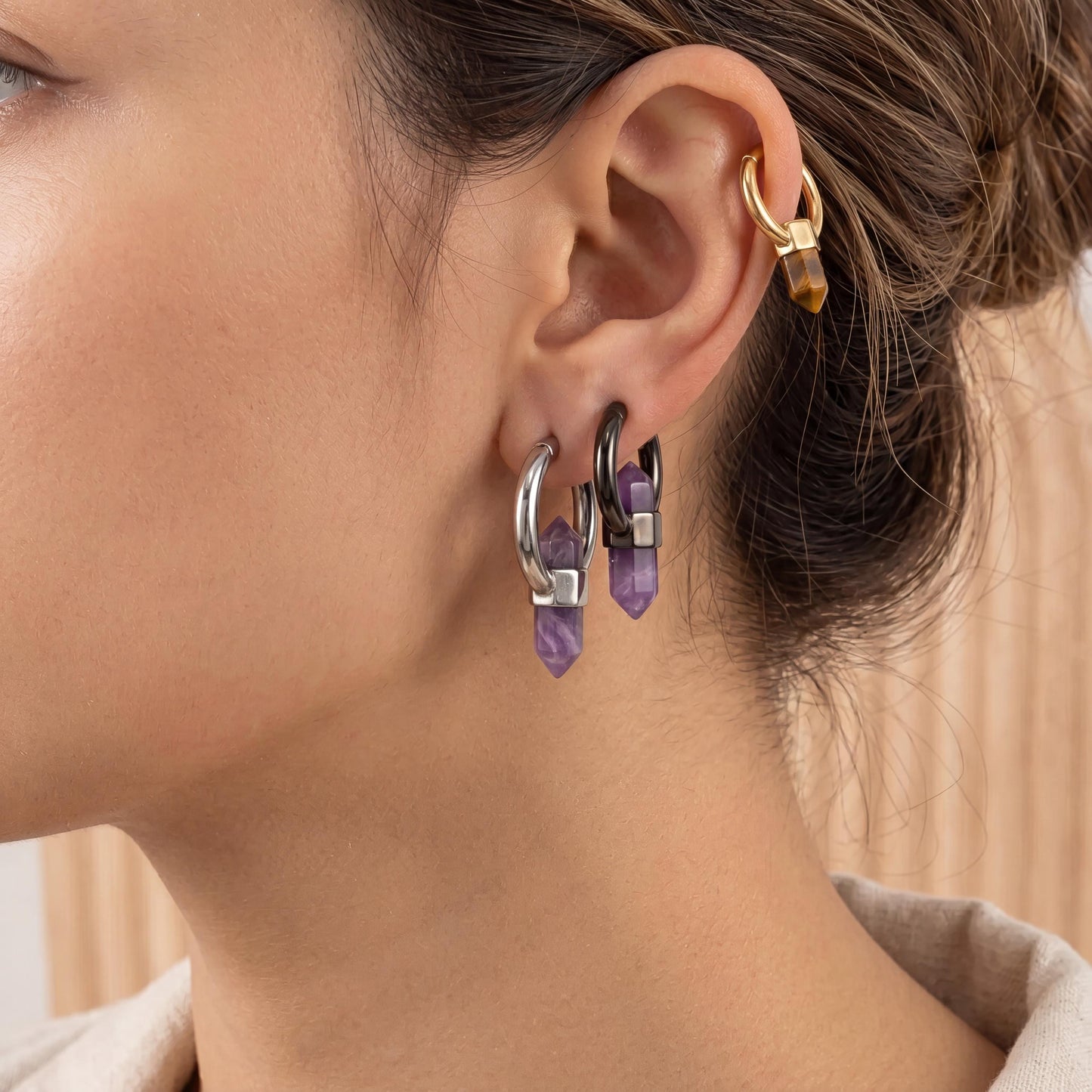 Crystal Ear Weights, Stone Ear Hangers, Stretched Ears Jewelry, Amethyst Tiger Eye Earrings, Boho Piercing Hoop, Gift for Her