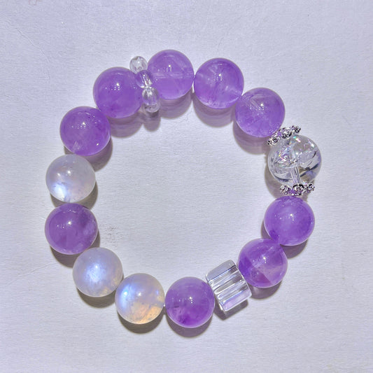 Amethyst Moonstone Clear Quartz Gemstone Bracelet, Reiki Healing Crystals