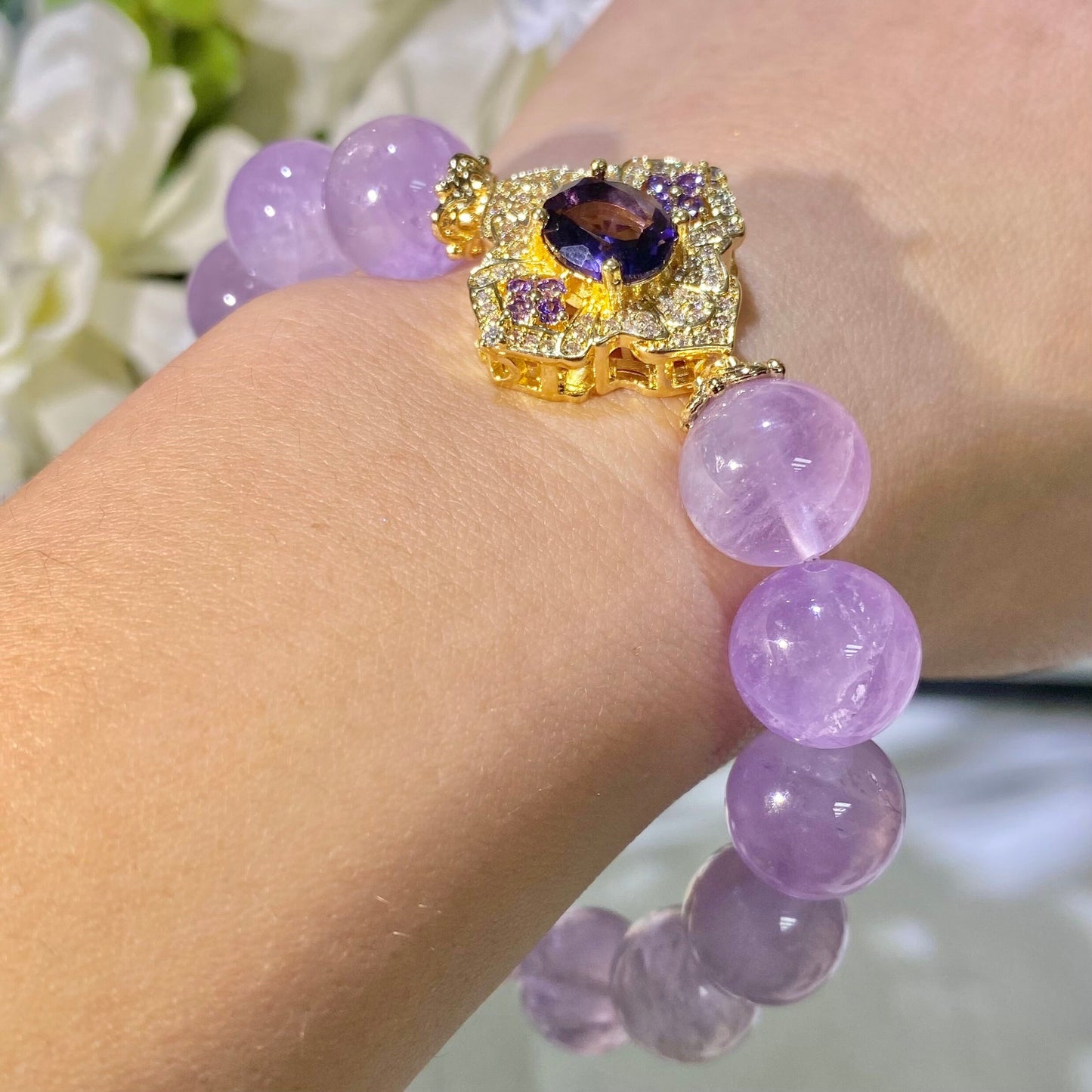 Amethsyt And Zircon Healing Crystal Gemstone Bracelet, Energy Bead Bracelets, Peace Tranquility, Reiki February Birthstone, Birthday Gift
