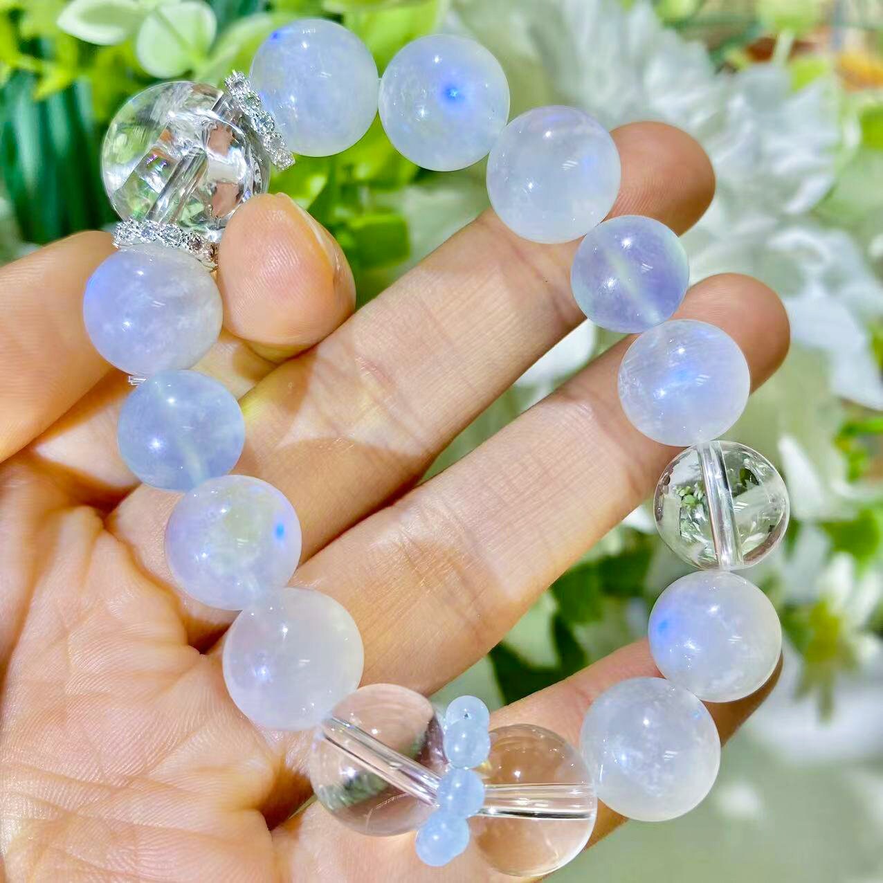 Moonstone, Aquamarine And Clear Quartz Healing Crystals Gemstone Bracelet, Peace, Discover Yourself, Reiki Birthstone, Birthday Gift