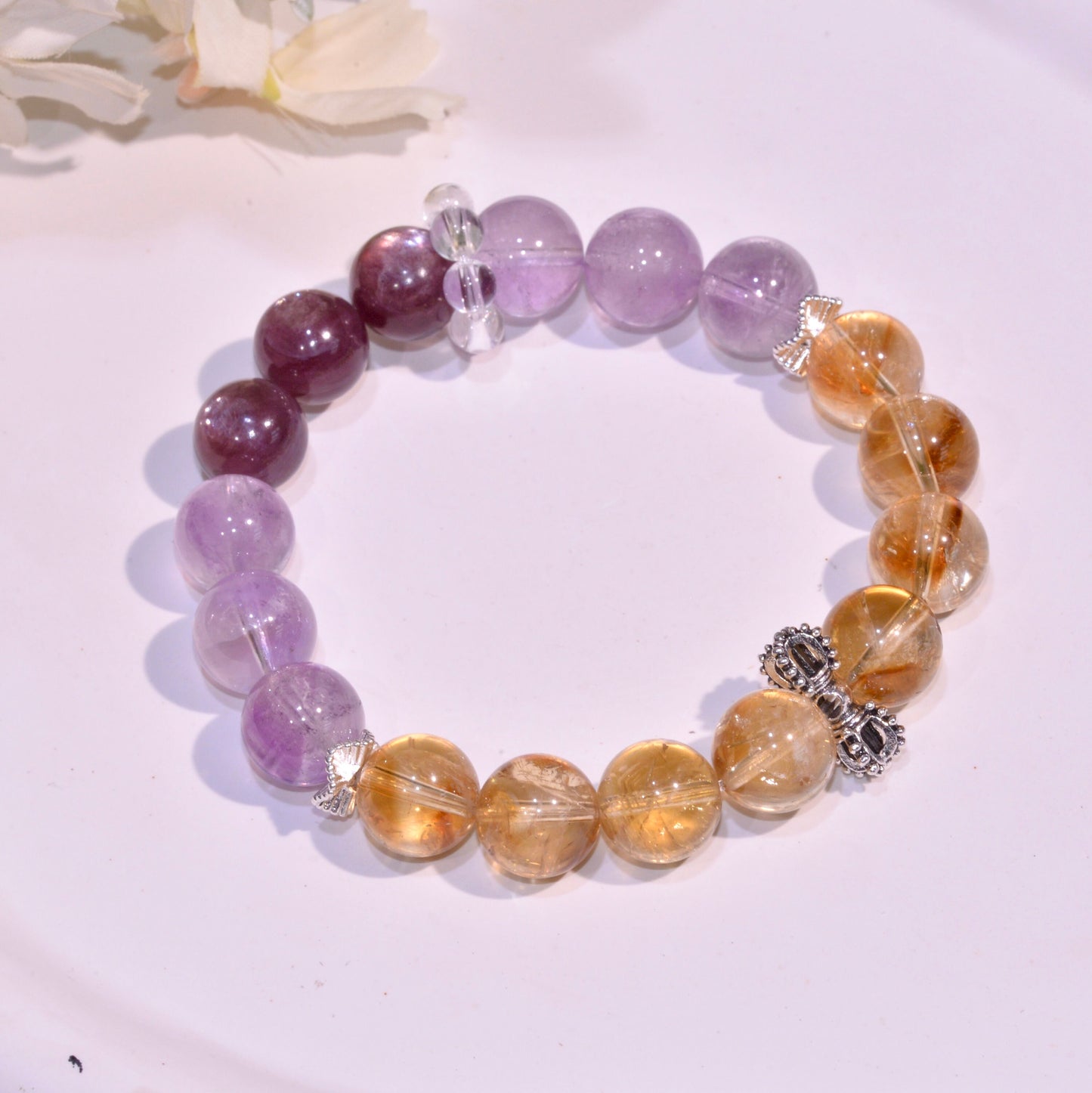 Mixed Quartz Bracelet, Citrine, Amethyst, Purple Lepedolite Healing Crystals Gemstone Bracelet, Reiki Birthstone, Birthday Gift