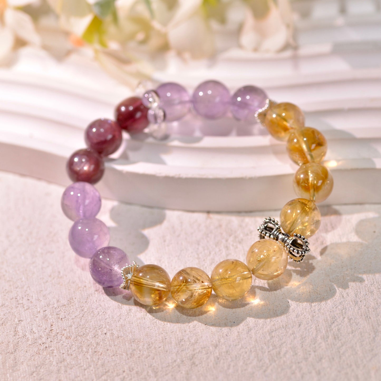 Mixed Quartz Bracelet, Citrine, Amethyst, Purple Lepedolite Healing Crystals Gemstone Bracelet, Reiki Birthstone, Birthday Gift