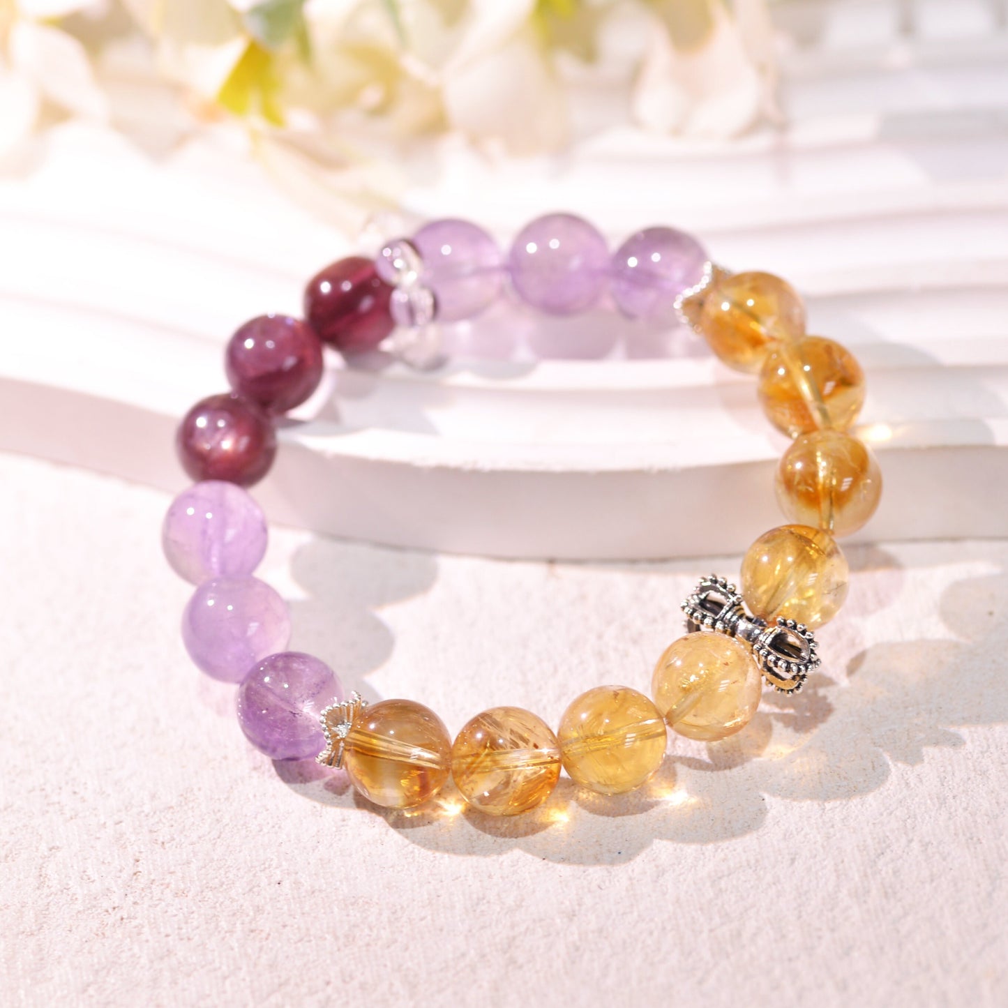 Mixed Quartz Bracelet, Citrine, Amethyst, Purple Lepedolite Healing Crystals Gemstone Bracelet, Reiki Birthstone, Birthday Gift