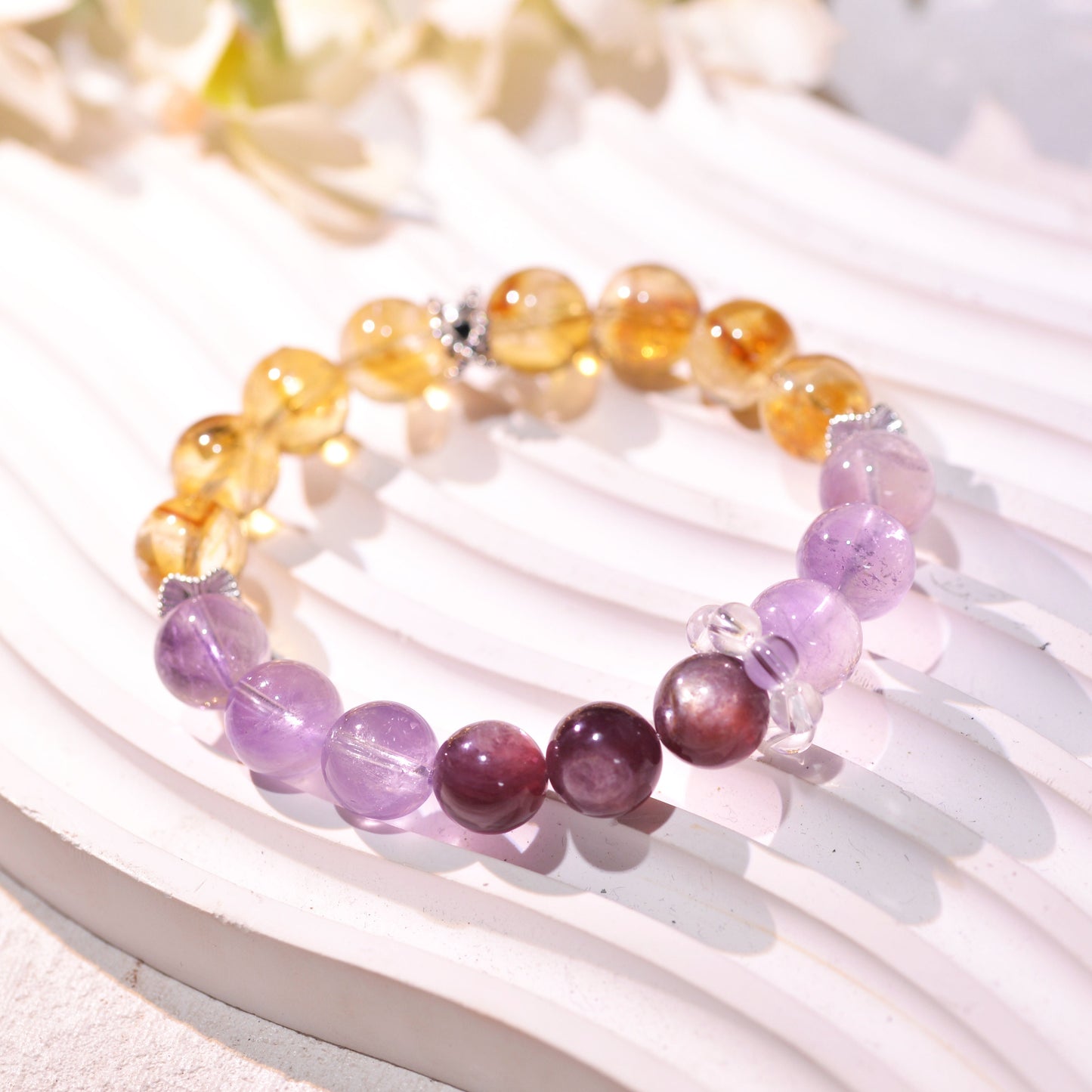 Mixed Quartz Bracelet, Citrine, Amethyst, Purple Lepedolite Healing Crystals Gemstone Bracelet, Reiki Birthstone, Birthday Gift
