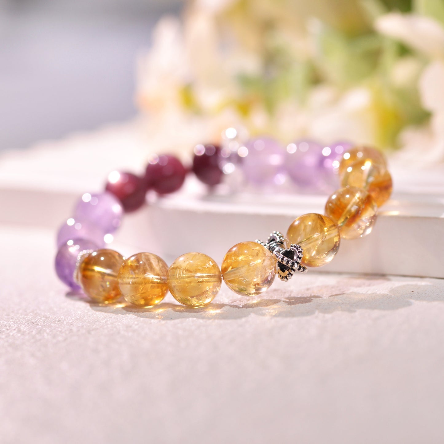 Mixed Quartz Bracelet, Citrine, Amethyst, Purple Lepedolite Healing Crystals Gemstone Bracelet, Reiki Birthstone, Birthday Gift