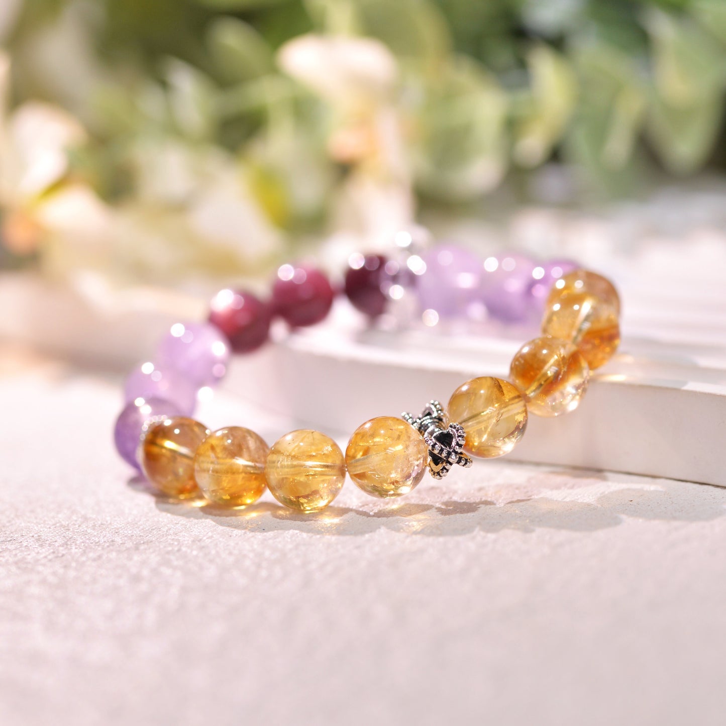 Mixed Quartz Bracelet, Citrine, Amethyst, Purple Lepedolite Healing Crystals Gemstone Bracelet, Reiki Birthstone, Birthday Gift