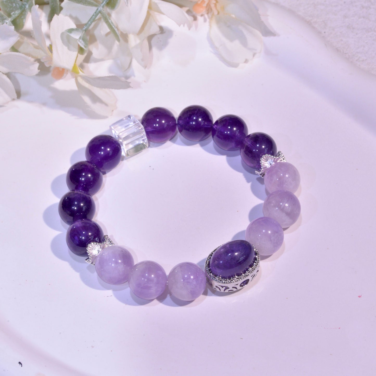 Gradient Amethsyt And Zircon Healing Crystal Gemstone Bracelet, Energy Bead Bracelets, Peace Tranquility, Reiki February Birthstone