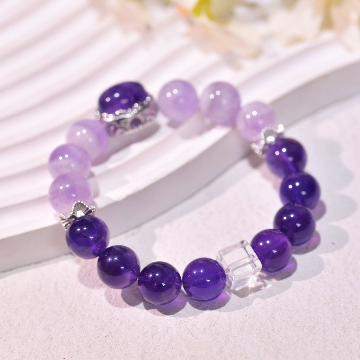 Gradient Amethsyt And Zircon Healing Crystal Gemstone Bracelet, Energy Bead Bracelets, Peace Tranquility, Reiki February Birthstone