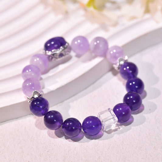 Gradient Amethsyt And Zircon Healing Crystal Gemstone Bracelet, Energy Bead Bracelets, Peace Tranquility, Reiki February Birthstone
