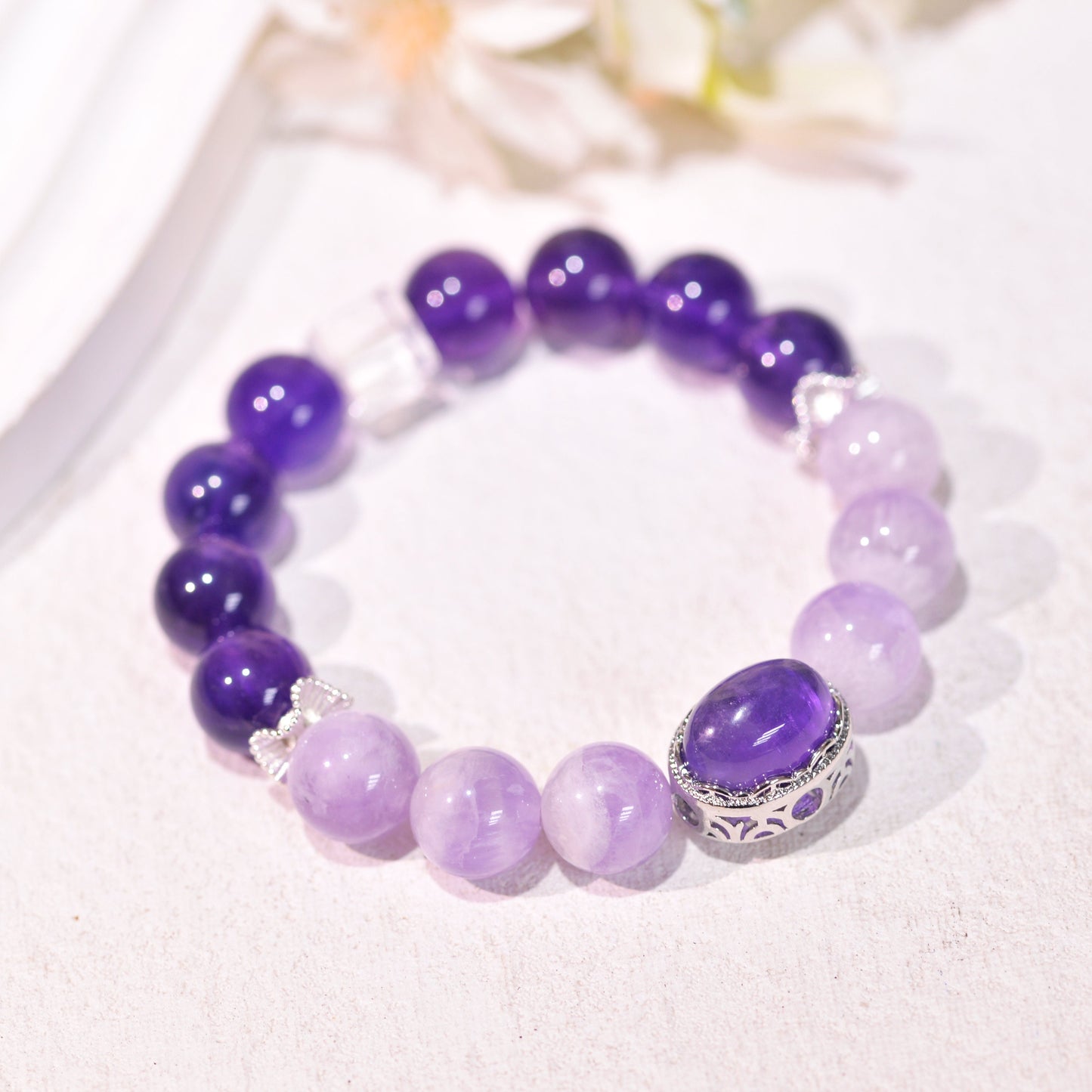 Gradient Amethsyt And Zircon Healing Crystal Gemstone Bracelet, Energy Bead Bracelets, Peace Tranquility, Reiki February Birthstone