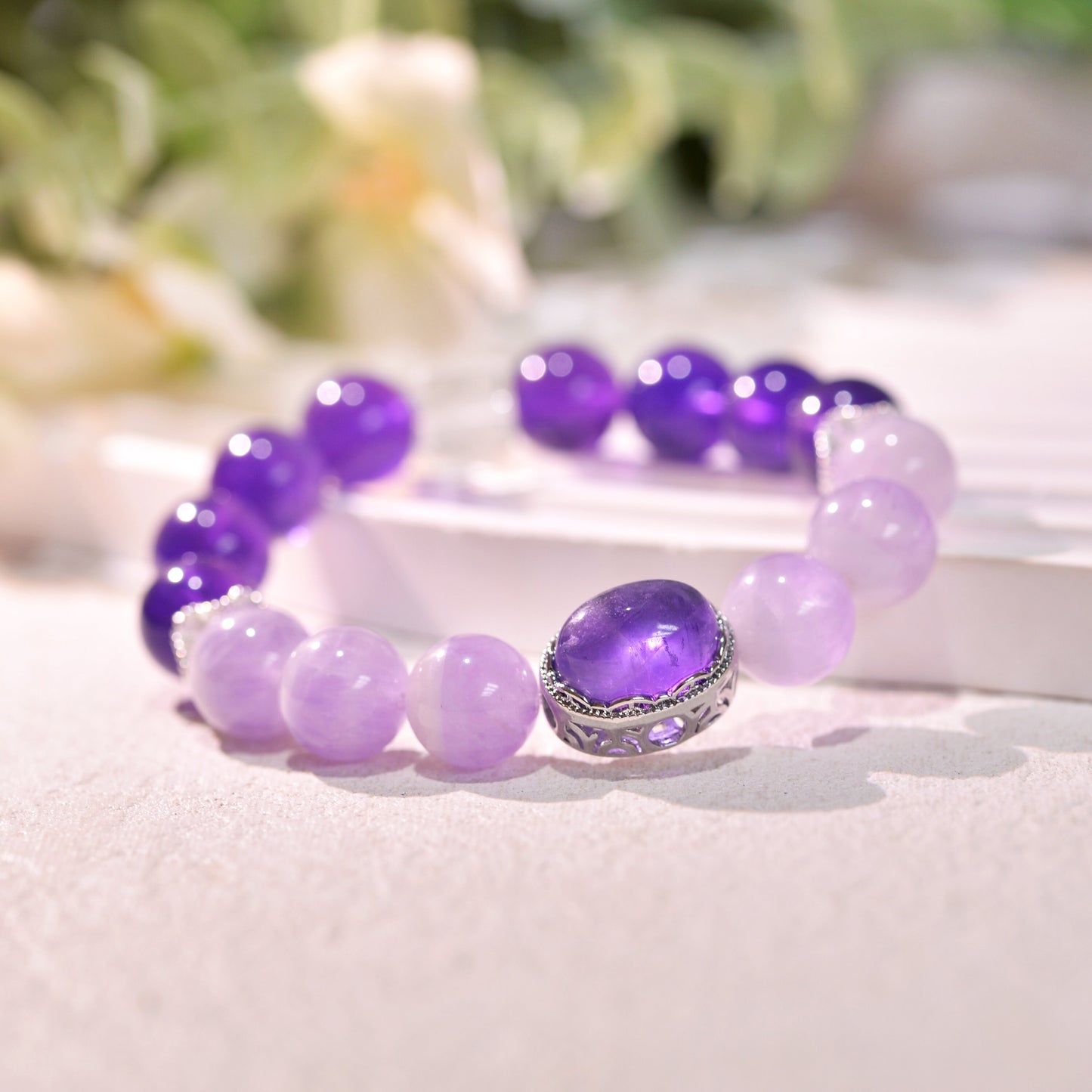 Gradient Amethsyt And Zircon Healing Crystal Gemstone Bracelet, Energy Bead Bracelets, Peace Tranquility, Reiki February Birthstone