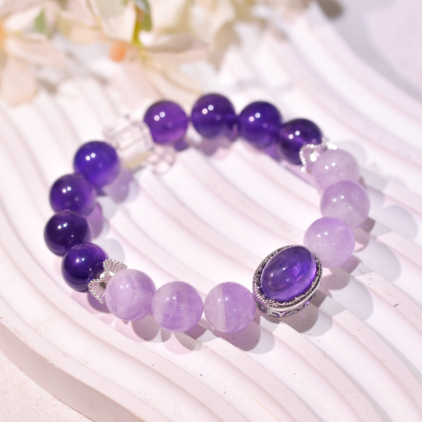 Gradient Amethsyt And Zircon Healing Crystal Gemstone Bracelet, Energy Bead Bracelets, Peace Tranquility, Reiki February Birthstone