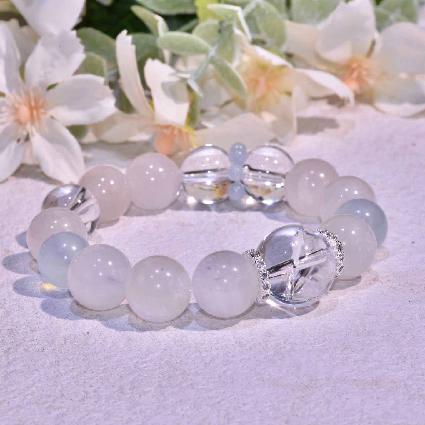 Blue Moonstone, Aquamarine And Rainbow Clear Quartz Healing Crystals Gemstone Bracelet, Peace, Discover Yourself, Reiki Birthday Gift