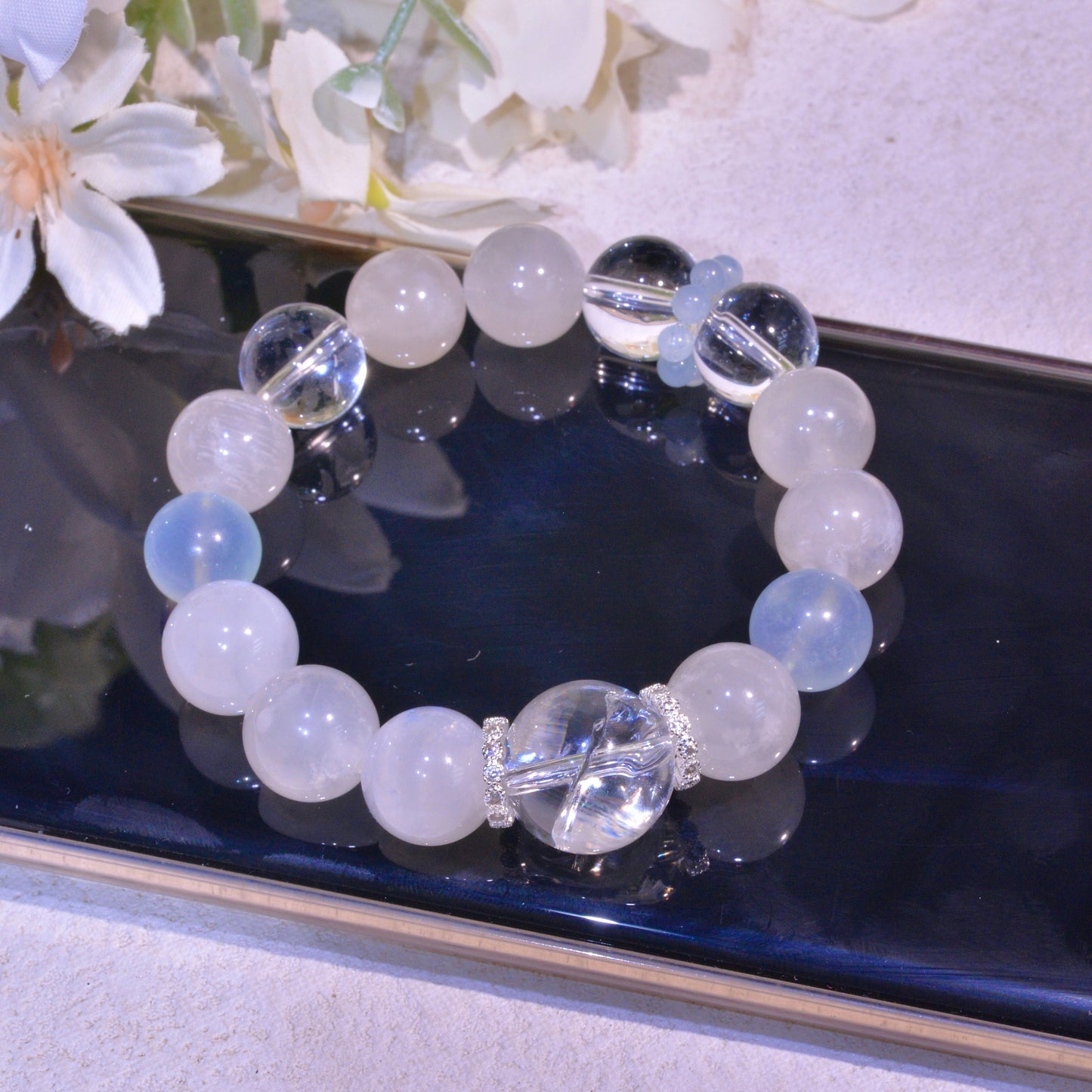 Blue Moonstone, Aquamarine And Rainbow Clear Quartz Healing Crystals Gemstone Bracelet, Peace, Discover Yourself, Reiki Birthday Gift