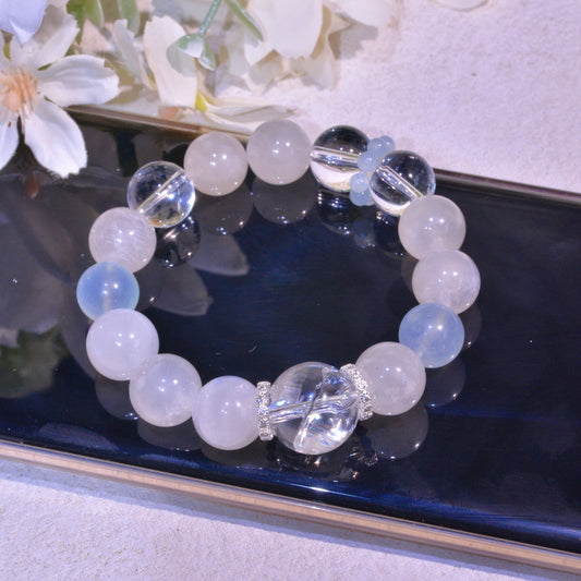 Blue Moonstone, Aquamarine And Rainbow Clear Quartz Healing Crystals Gemstone Bracelet, Peace, Discover Yourself, Reiki Birthday Gift