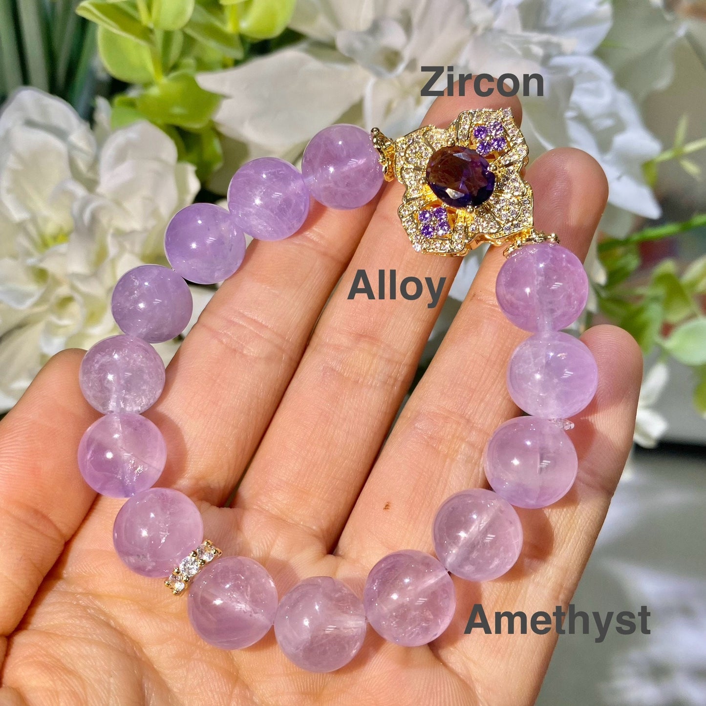 Amethsyt And Zircon Healing Crystal Gemstone Bracelet, Energy Bead Bracelets, Peace Tranquility, Reiki February Birthstone, Birthday Gift
