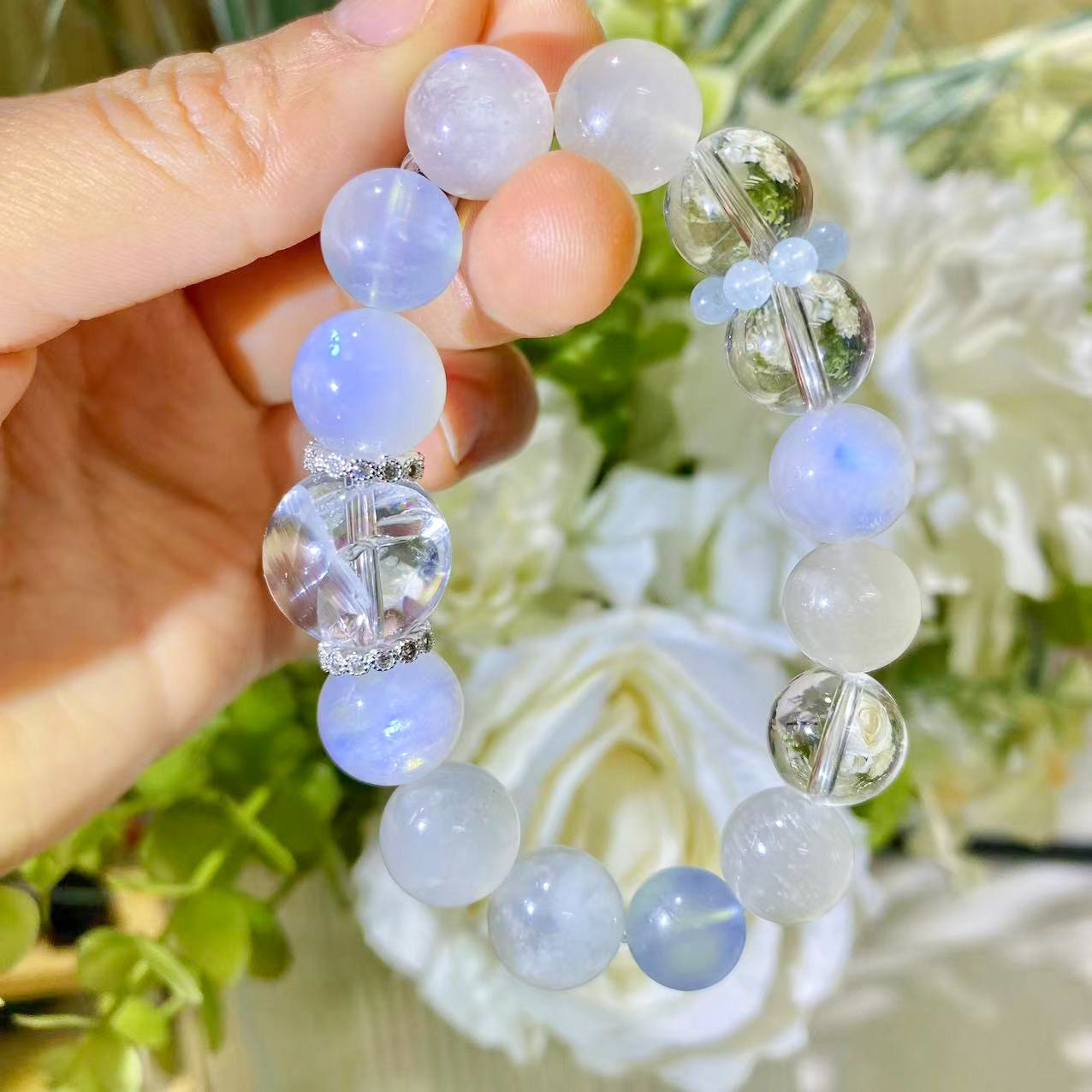 Moonstone, Aquamarine And Clear Quartz Healing Crystals Gemstone Bracelet, Peace, Discover Yourself, Reiki Birthstone, Birthday Gift