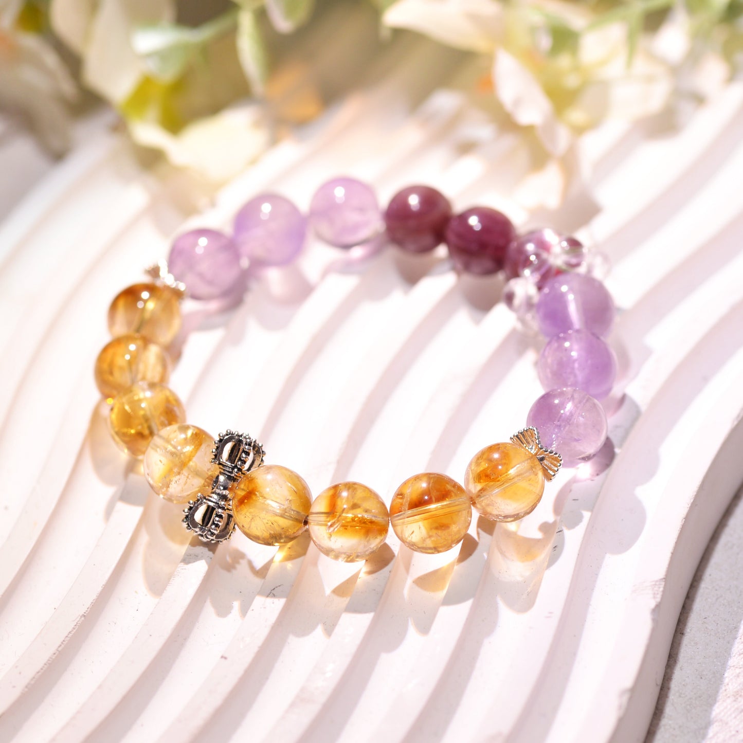Mixed Quartz Bracelet, Citrine, Amethyst, Purple Lepedolite Healing Crystals Gemstone Bracelet, Reiki Birthstone, Birthday Gift