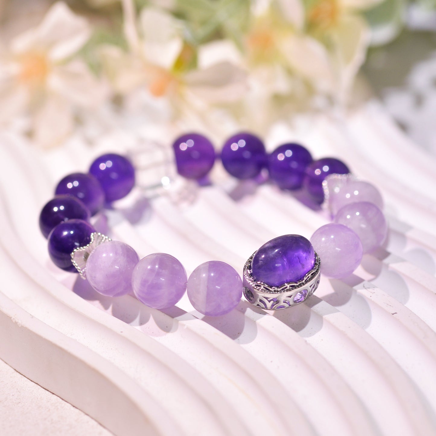 Gradient Amethsyt And Zircon Healing Crystal Gemstone Bracelet, Energy Bead Bracelets, Peace Tranquility, Reiki February Birthstone