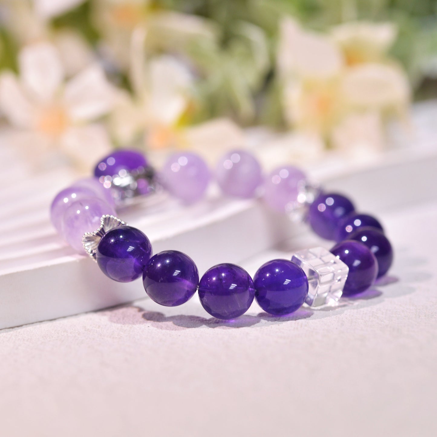 Gradient Amethsyt And Zircon Healing Crystal Gemstone Bracelet, Energy Bead Bracelets, Peace Tranquility, Reiki February Birthstone