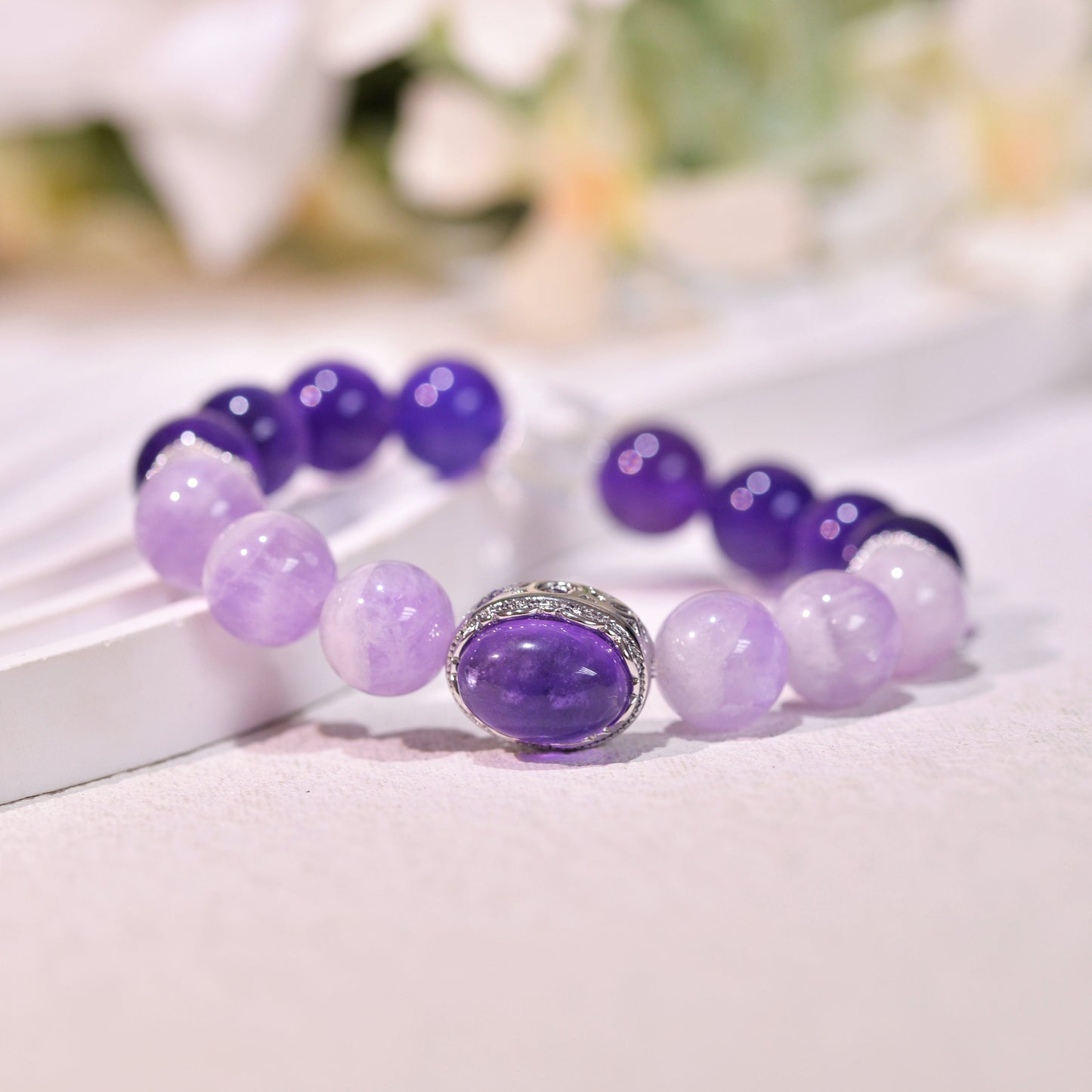 Gradient Amethsyt And Zircon Healing Crystal Gemstone Bracelet, Energy Bead Bracelets, Peace Tranquility, Reiki February Birthstone