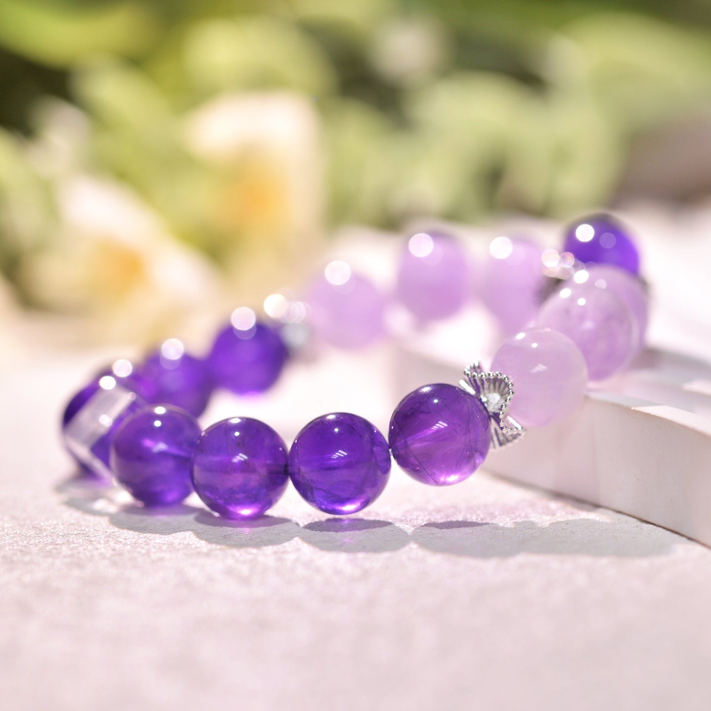 Gradient Amethsyt And Zircon Healing Crystal Gemstone Bracelet, Energy Bead Bracelets, Peace Tranquility, Reiki February Birthstone
