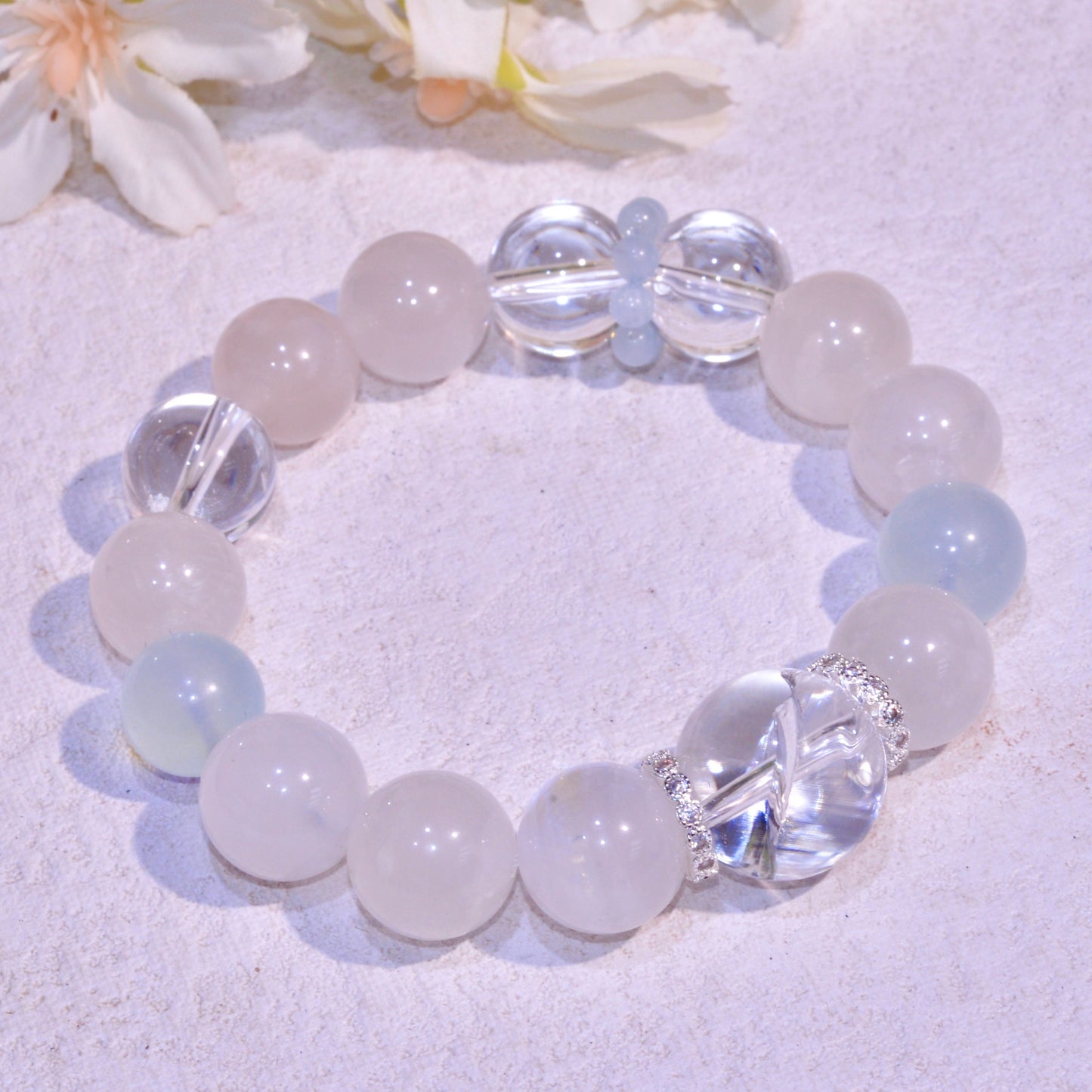 Blue Moonstone, Aquamarine And Rainbow Clear Quartz Healing Crystals Gemstone Bracelet, Peace, Discover Yourself, Reiki Birthday Gift