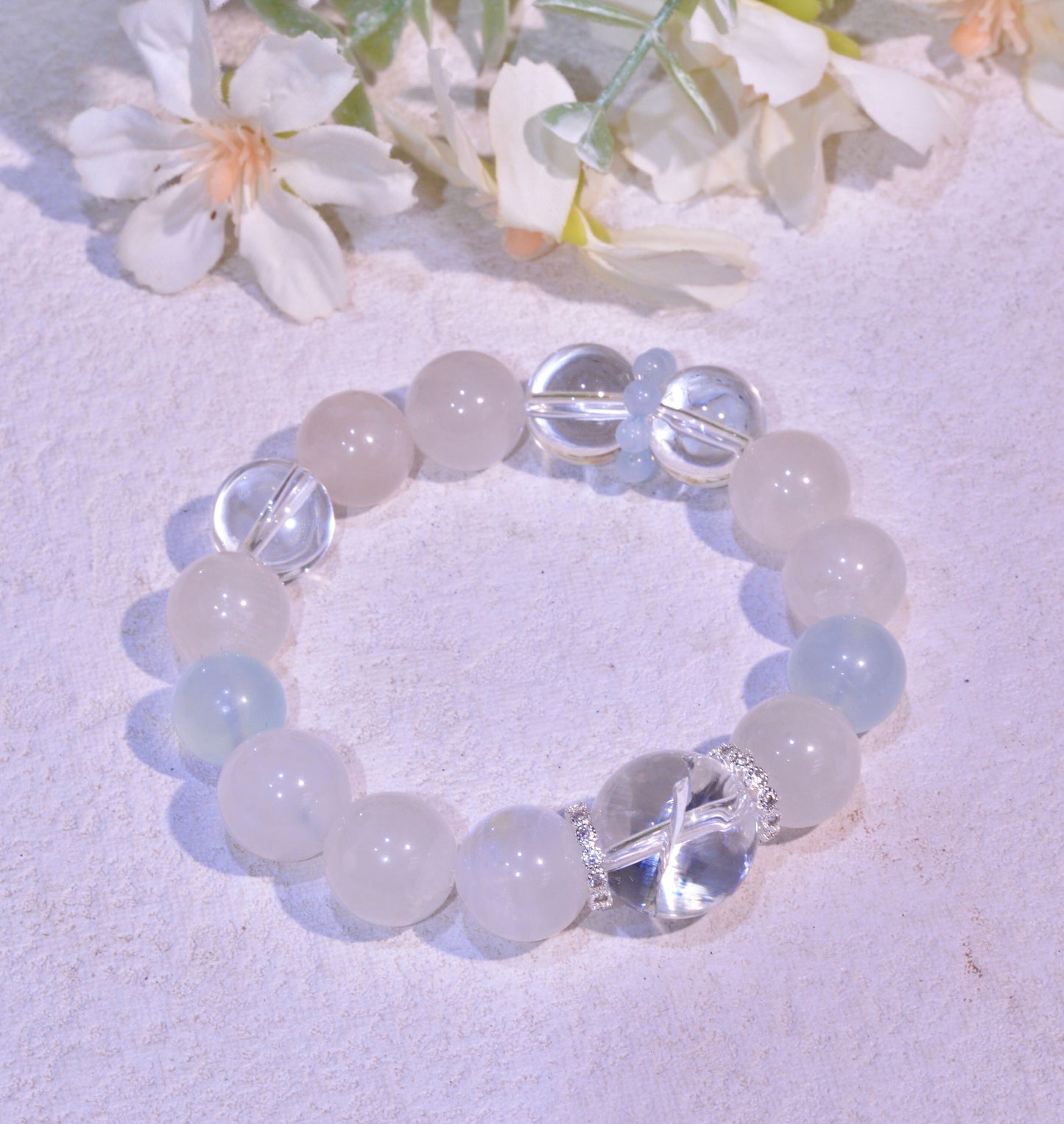Blue Moonstone, Aquamarine And Rainbow Clear Quartz Healing Crystals Gemstone Bracelet, Peace, Discover Yourself, Reiki Birthday Gift