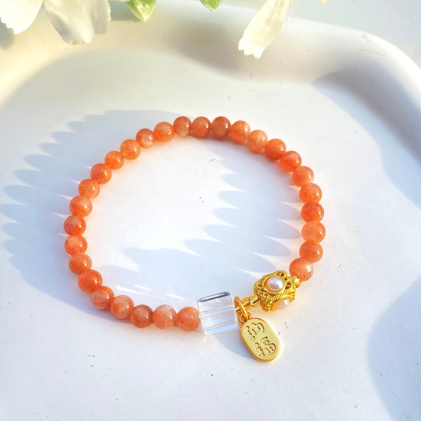 Natrual Sunstone Quartz Bracelet,Alloy,Healing Gemstone Bracelet,Crystal Bead Bracelet,Prosperity,Strength,firmness,Reiki Birthstone Gift