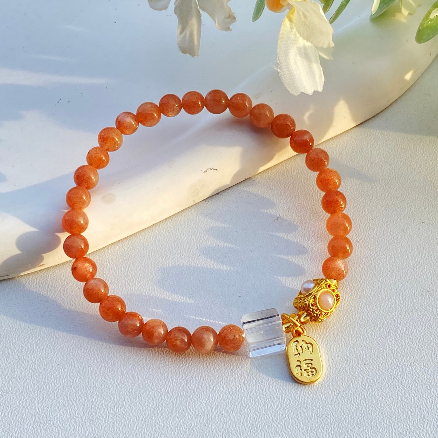 Natrual Sunstone Quartz Bracelet,Alloy,Healing Gemstone Bracelet,Crystal Bead Bracelet,Prosperity,Strength,firmness,Reiki Birthstone Gift