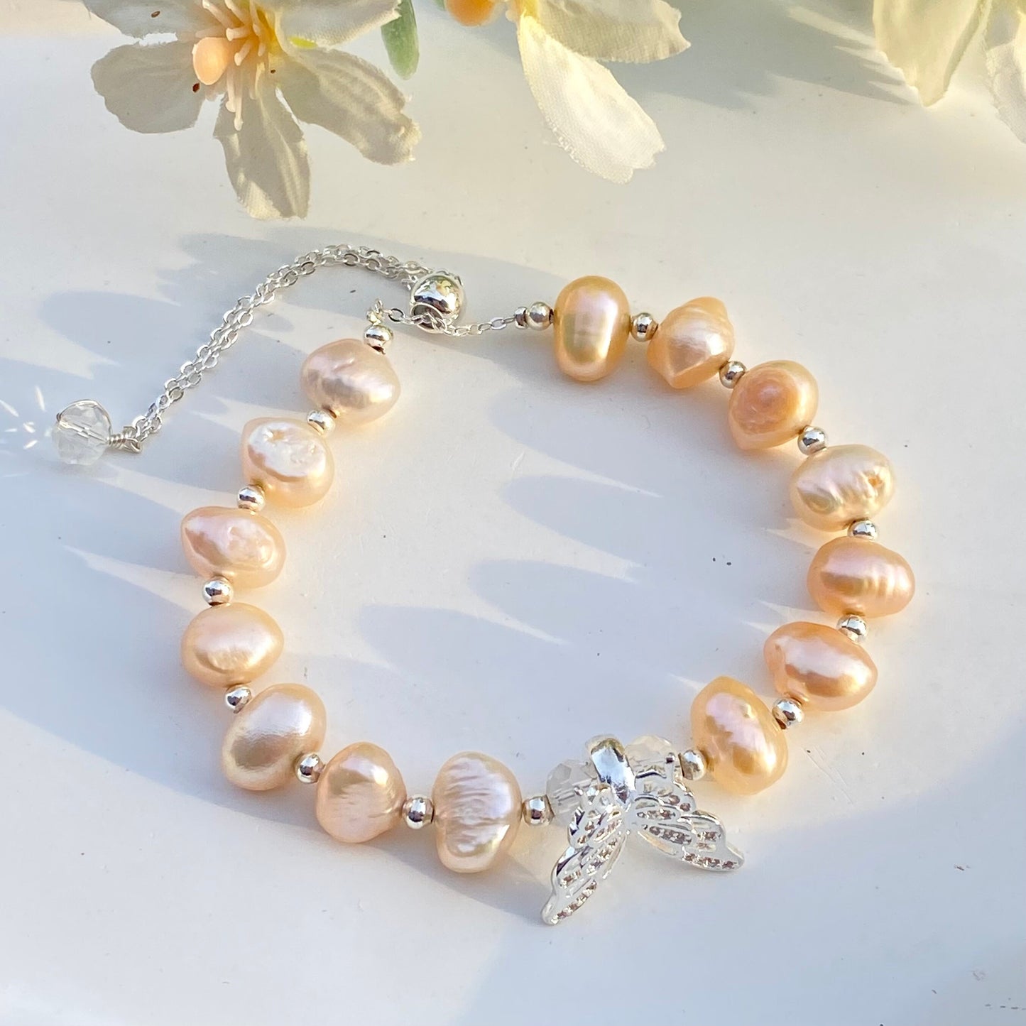 Freshwater Pearl And Butterfly Alloy Adjustable Bracelet, Gemstone Beads Bracelet for Women Girl, Reiki Birthstone, Healing Crystal