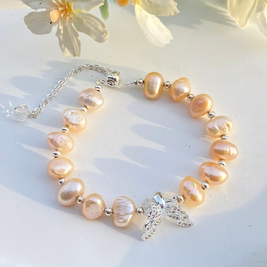 Freshwater Pearl And Butterfly Alloy Adjustable Bracelet, Gemstone Beads Bracelet for Women Girl, Reiki Birthstone, Healing Crystal